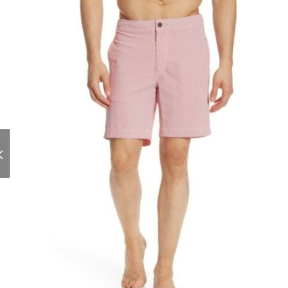 ONIA Calder Micro Red Stripe Seersucker Shorts